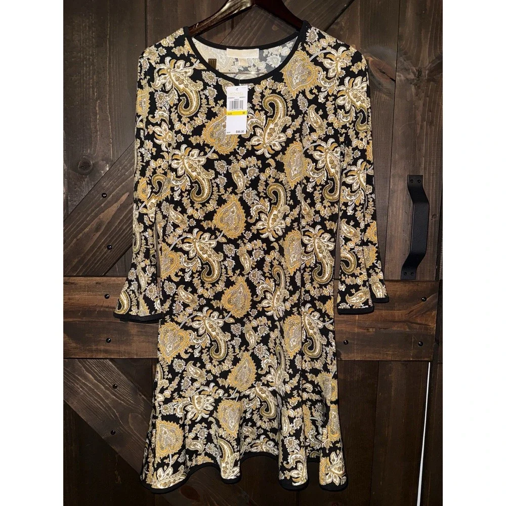 Michael Kors NEW Women's Dress Medium M Black Marigold Long Sleeve Paisley Shift
